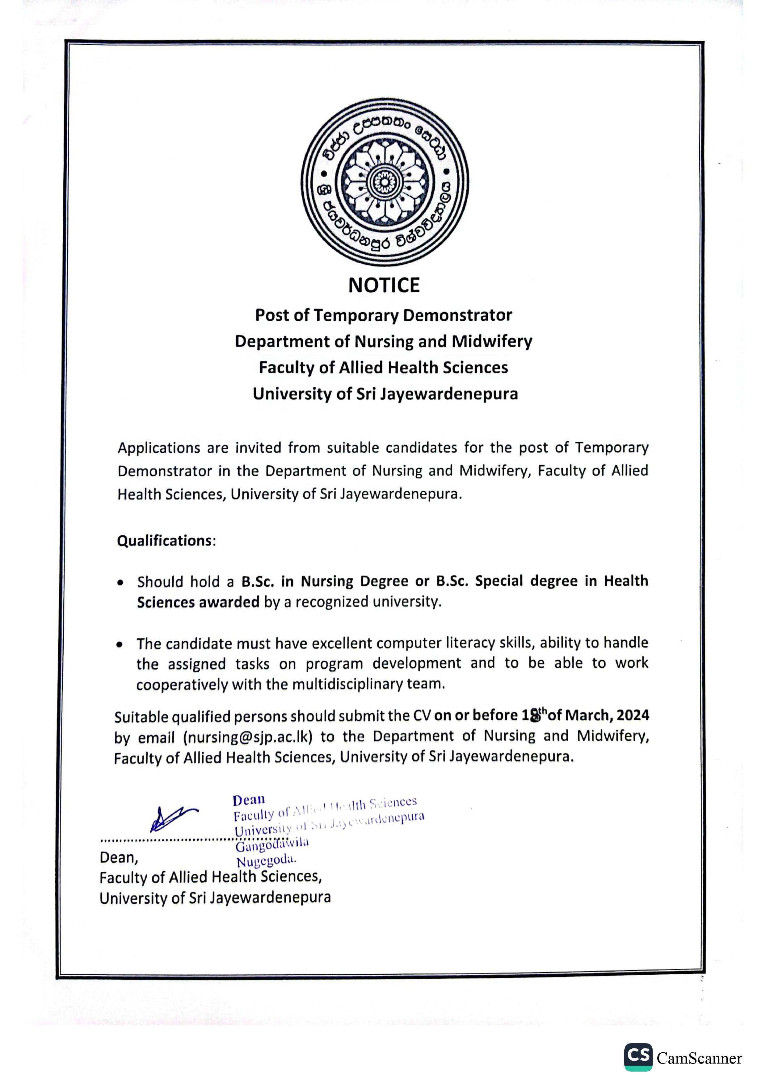 Applications are invited from sutable candidates for the post of Temporary Demonstrator